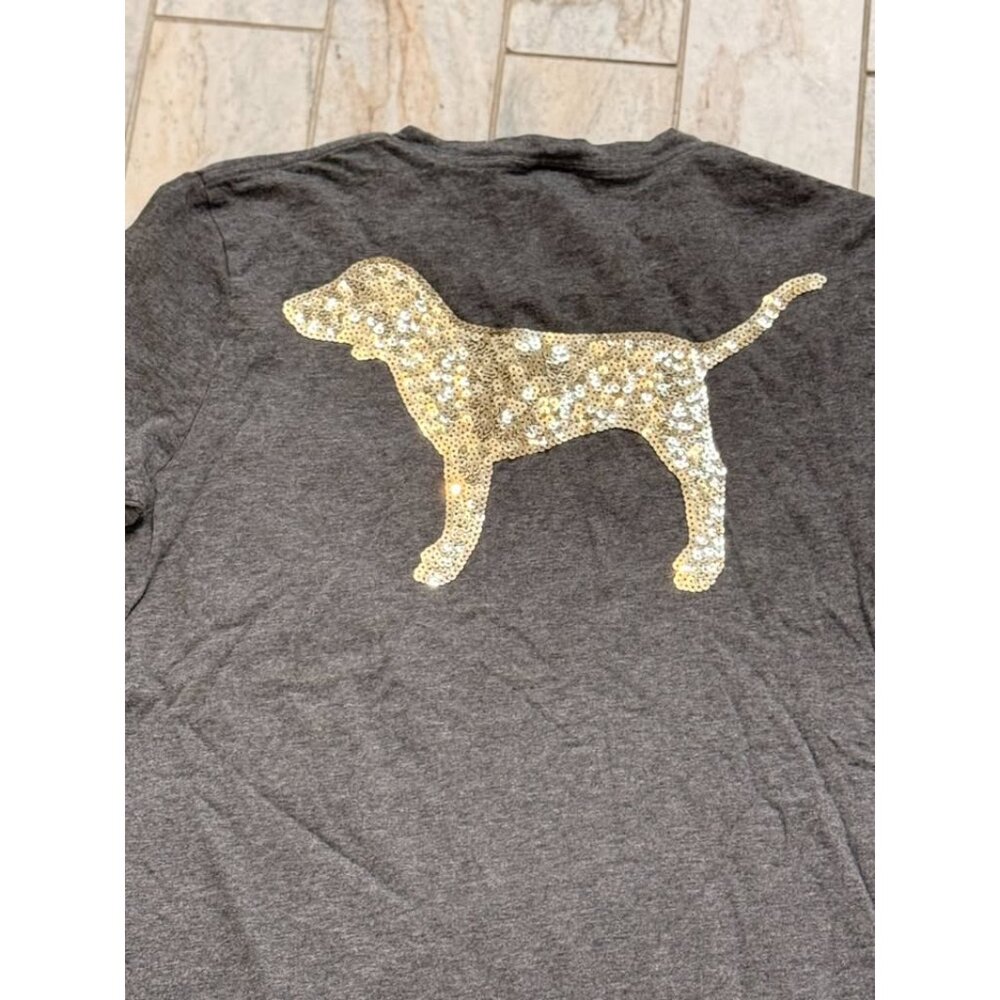 PINK Victoria's Secret women's XS (Oversized) gray w/gold sequins Pocket t-shirt - Picture 5 of 5